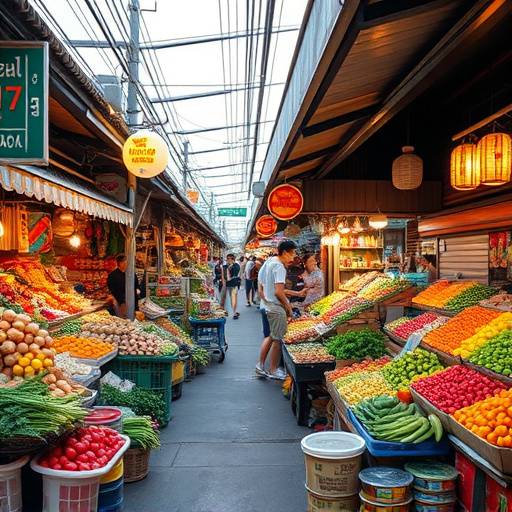 A bustling street market in Southeast Asia, with vendors selling colourful produce and goods.