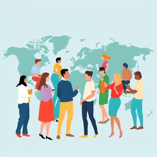 A composite image showing a diverse group of people engaged in a lively discussion under a stylized world map.