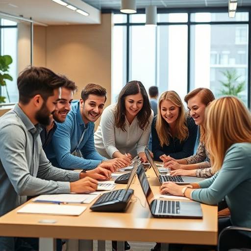 A diverse group of individuals collaborating around a table, symbolizing technological innovation and teamwork.