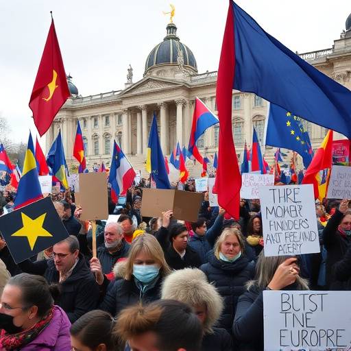 A group of people waving flags and holding signs at a protest in a European capital city.