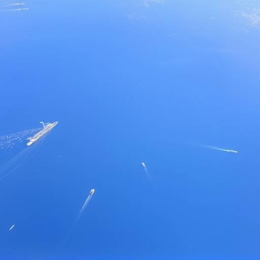 A satellite image showing a vast expanse of ocean with several ships navigating through it.