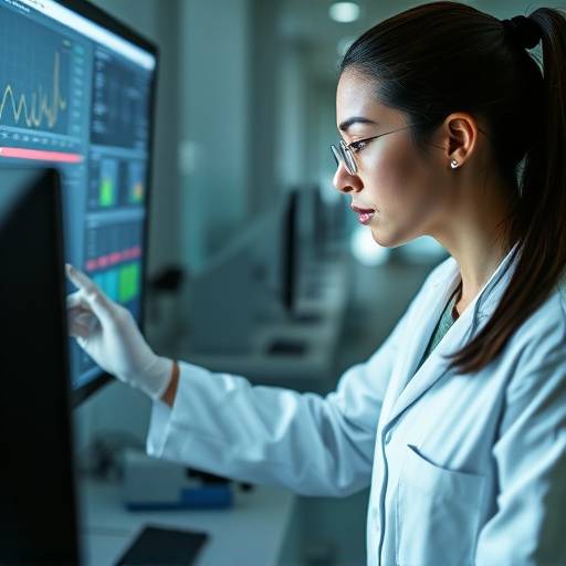 A scientist in a lab coat examining data on a computer screen.