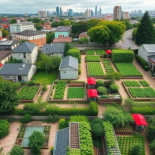 A split image showing vibrant community gardens on one side and a sterile urban landscape on the other.