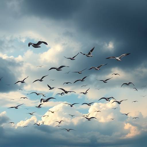 A symbolic image of a migrating flock of birds against a backdrop of changing weather patterns.