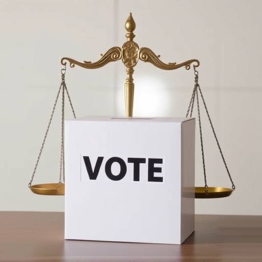A symbolic image of a voting ballot box and scales of justice, representing democratic processes.