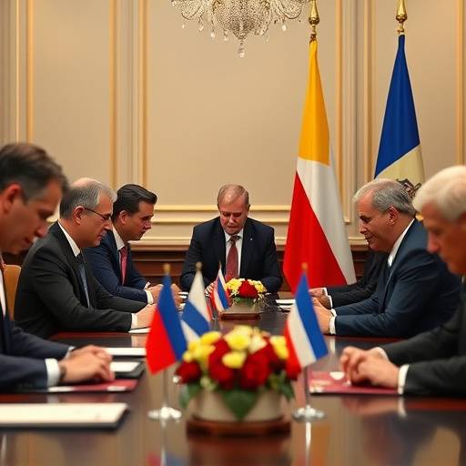 A tense negotiation scene at a table between diplomats from different countries.