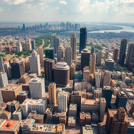 An aerial view of a city skyline in Africa, with modern skyscrapers interspersed with older buildings.