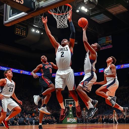 Basketball players leaping for a rebound during a fast-paced game