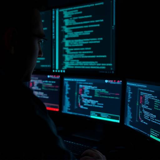 Cybersecurity professional examining complex network code on multiple screens