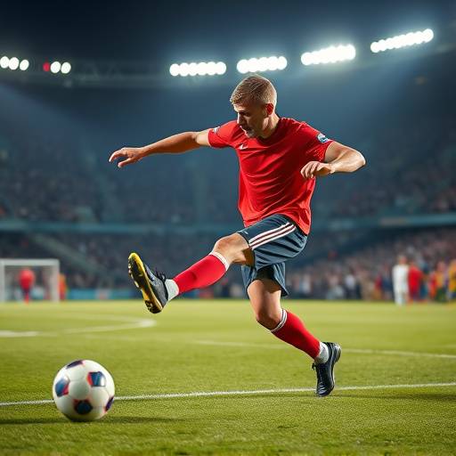 Football player kicking a ball during a match under stadium lights