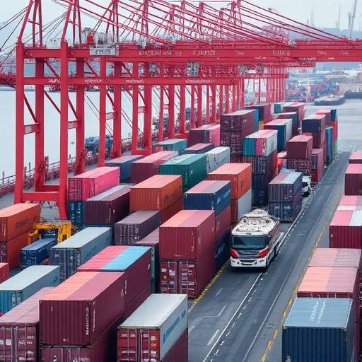 Image of shipping containers at a busy port, symbolizing global trade.