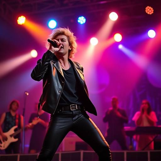 Pop star 'Aura' performing live on stage with vibrant lights.