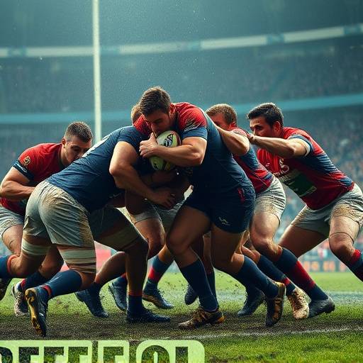 Rugby players in a scrum during a powerful tackle