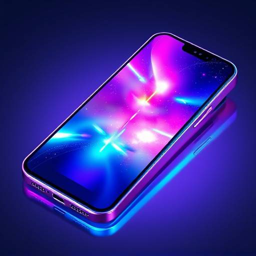 Sleek, futuristic smartphone with a vibrant holographic display