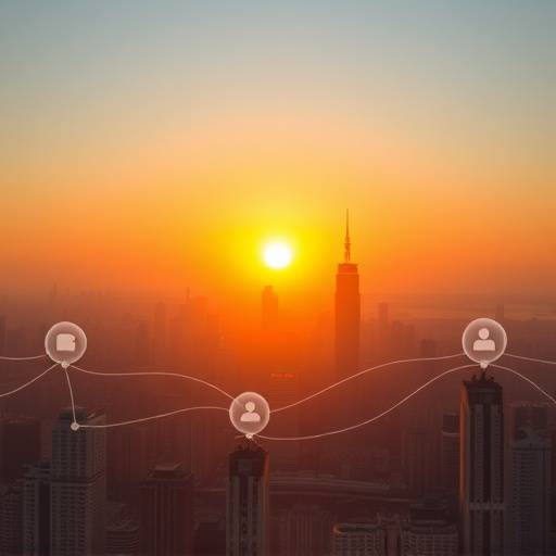 Sunrise over a bustling city skyline at dawn, representing global connectivity and emerging opportunities.