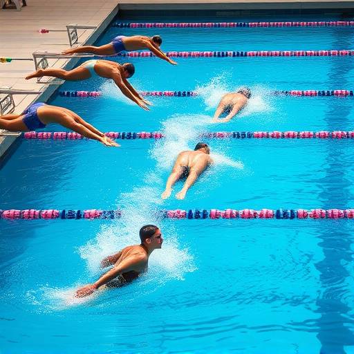 Swimmers diving into a pool at the start of a race