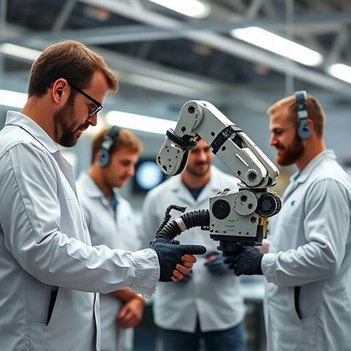 Team of engineers working on a prototype robotic arm in a modern lab