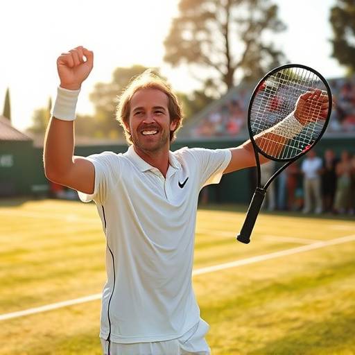 Tennis player celebrating a winning point on a grass court